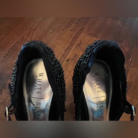 White House Black Market Black Satin Floral Beaded High Heels Open Toe Design 7M - Picture 11 of 17